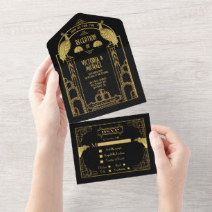 Invitation Tout En Un Réception Art Déco Peacock Gold & Black Wedding