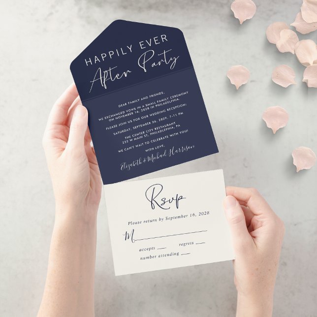 Invitation Tout En Un Réception de mariage bleu marine Happily Ever Afte (Créateur téléchargé)