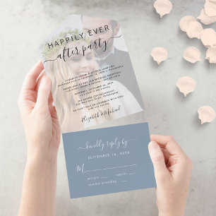Invitation Tout En Un Réception de mariage élégante avec photo en bleu p