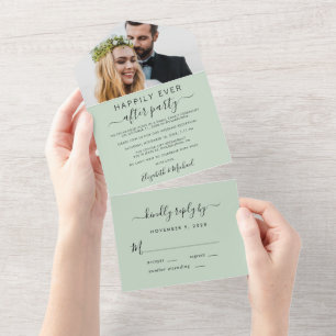 Invitation Tout En Un Réception de mariage élégante avec photo et sauge