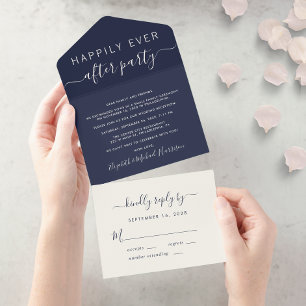 Invitation Tout En Un Réception de mariage Happily Ever After Bleu marin