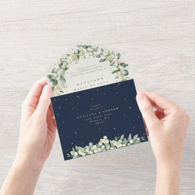Invitation Tout En Un Réception de mariage Navy Snowberry+Eucalyptus uni (Ouverture)