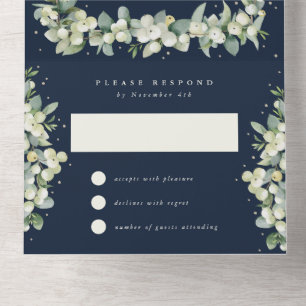 Invitation Tout En Un Réception de mariage Navy Snowberry+Eucalyptus uni