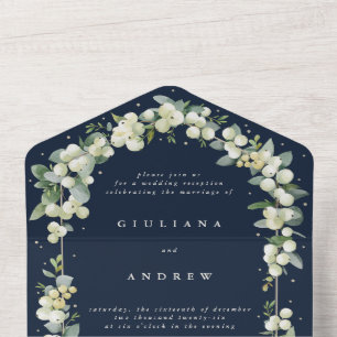 Invitation Tout En Un Réception de mariage Navy Snowberry+Eucalyptus uni