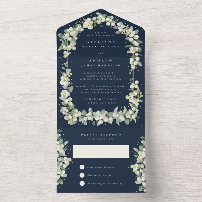 Invitation Tout En Un Réception de mariage Navy Snowberry+Eucalyptus uni (À l'intérieur)