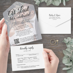 Invitation Tout En Un Réception de mariage reportée Code QR Enfin Photo
