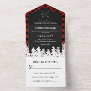 Invitation Tout En Un Red Buffalo Check Russe Flèche Mariage Monogramme