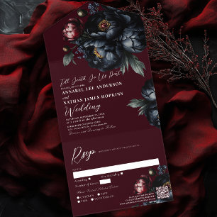 Invitation Tout En Un Red Dark Moody Black Peony Mariage gothique QR Cod