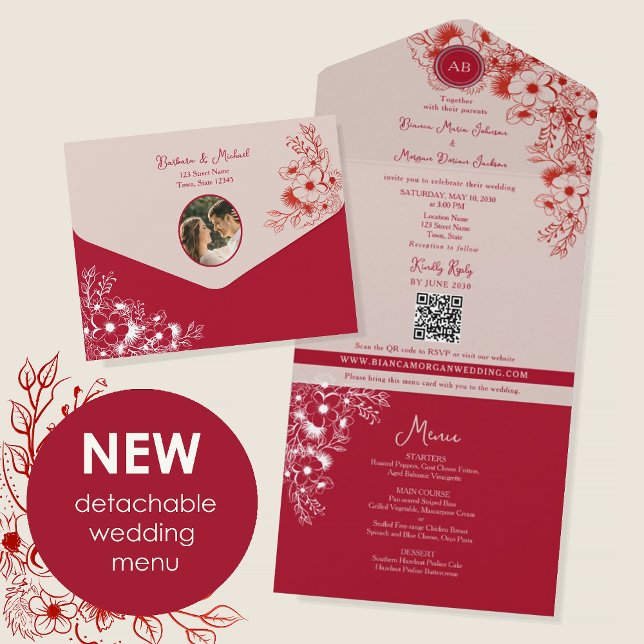 Invitation Tout En Un Red Floral Photo Wedding (Créateur téléchargé)