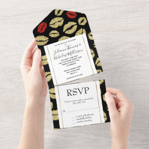Invitation Tout En Un Red Gold Lips Baisers Romantique Chic Mariage