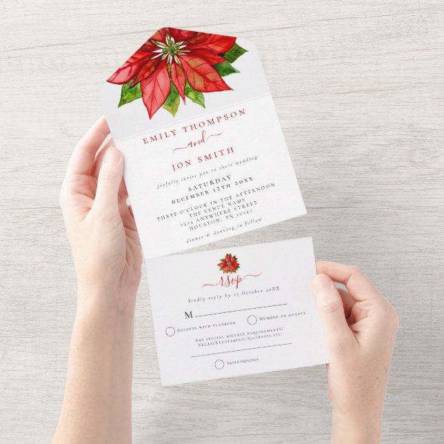 Invitation Tout En Un Red Poinsettia Mariage de Noël Adresses invités (Déchirure)