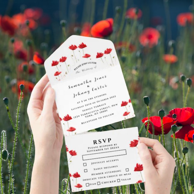 Invitation Tout En Un Red Poppies Aquarelle Script Mariage élégant (Créateur téléchargé)