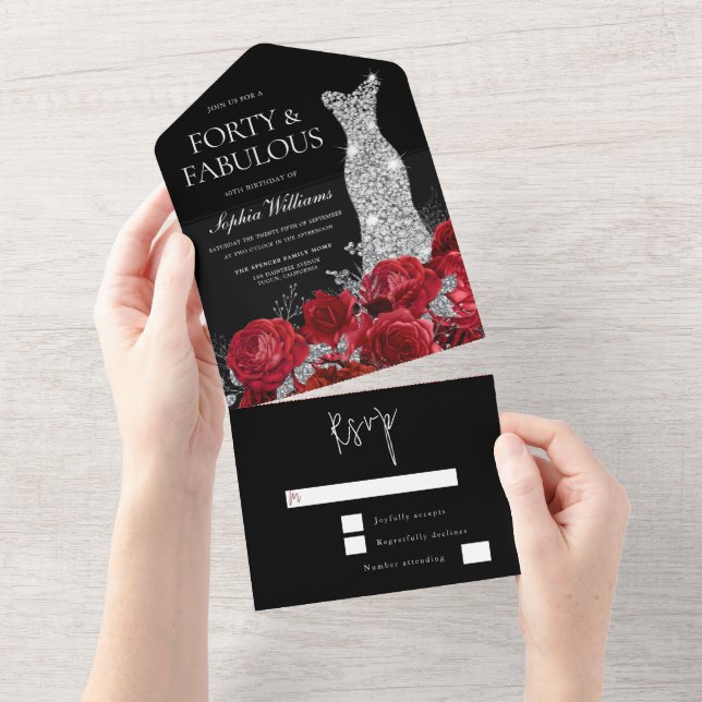 Invitation Tout En Un Red Roses Diamond Gown Noir 40e anniversaire fête (Déchirure)
