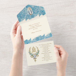 Invitation Tout En Un Religieux Vierge Marie Bleu Anniversaire Vintage