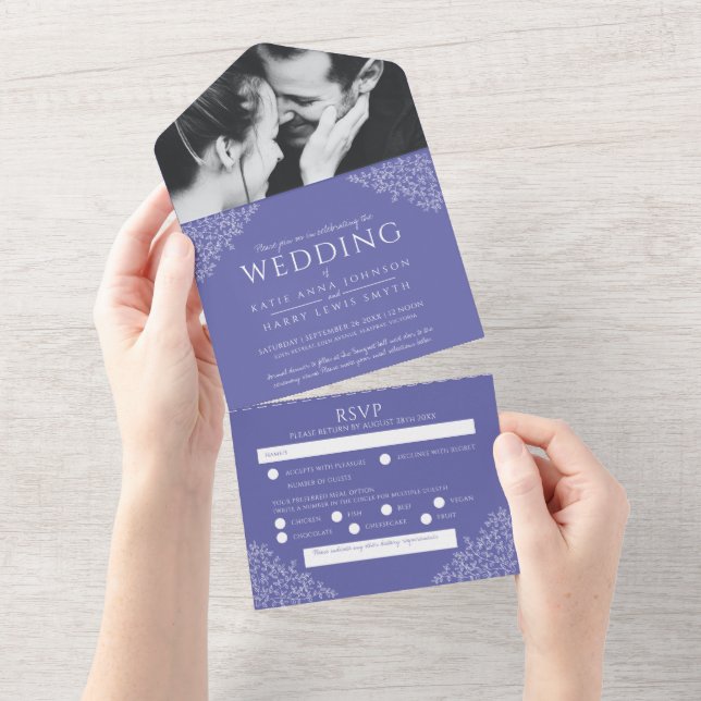Invitation Tout En Un repas photo feuille blanc mariage RSVP (Déchirure)