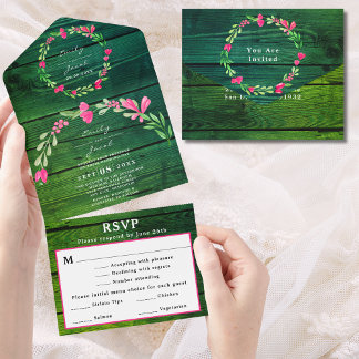 Invitation Tout En Un Réponse de mariage de campagne florale rose bois v