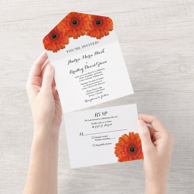 Invitation Tout En Un Réponse de mariage floral au gérbera orange (Déchirure)