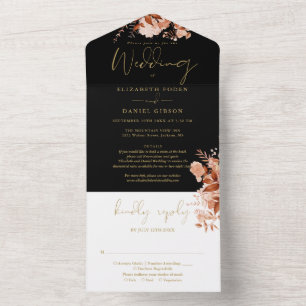 Invitation Tout En Un Réponse de mariage Floral Rustique Noir et Or Déta