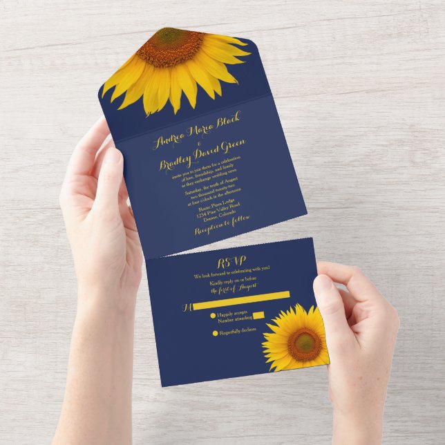 Invitation Tout En Un Réponse de mariage Tournesol Jaune Bleu Marine (Déchirure)
