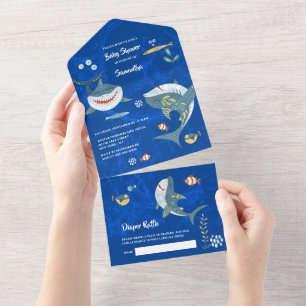 Invitation Tout En Un Requin nageant bleu océan sous la mer fête