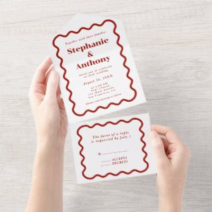 Invitation Tout En Un Retro 1950s Wavy Edge Mariage rouge foncé