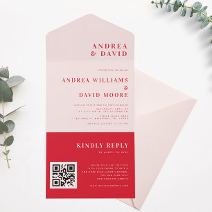 Invitation Tout En Un Retro Bold rose & rouge QR Code RSVP Mariage tenda