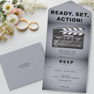 Invitation Tout En Un Retro Movie Film Clap Board Gris Mariage
