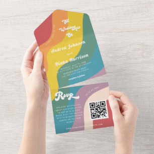 Invitation Tout En Un Retro Rainbow Wave LGBTQ Gay pride QR Code Mariage