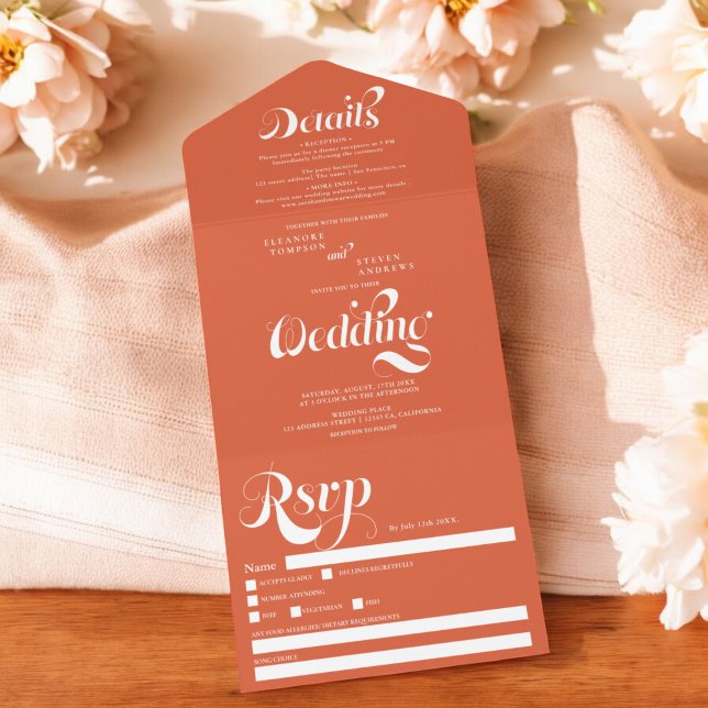 Invitation Tout En Un Retro simple orange blanc script chic mariage (Retro simple orange white script chic wedding all in one invitation)