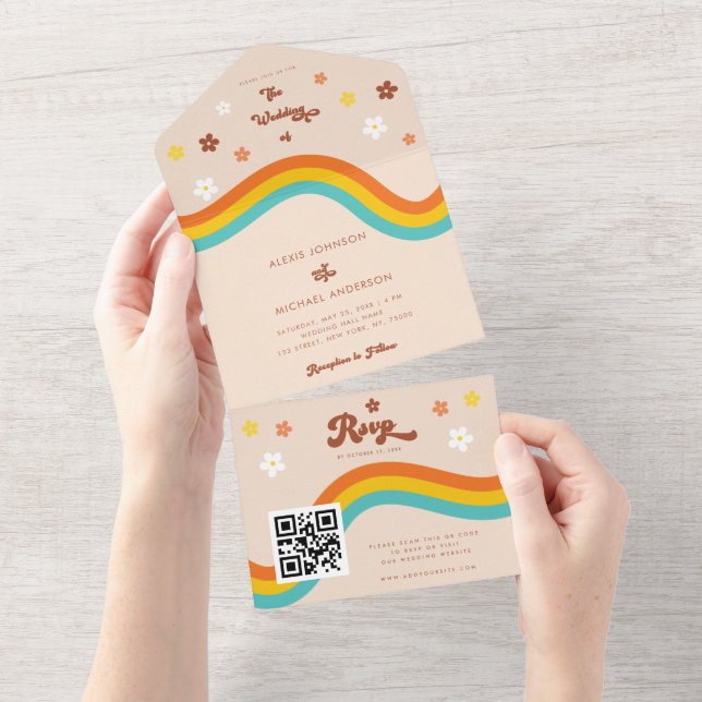 Invitation Tout En Un Retro Super Daisy Rainbow QR Code Hippie Mariage (Déchirure)