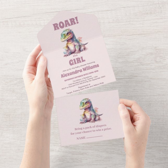Invitation Tout En Un Roar C'est une fille Baby shower Dinosaure (Déchirure)