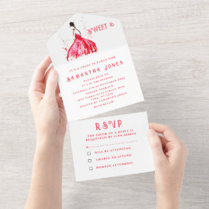 Invitation Tout En Un Robe Rouge Douce 16 Floral Seize Fille Élégante