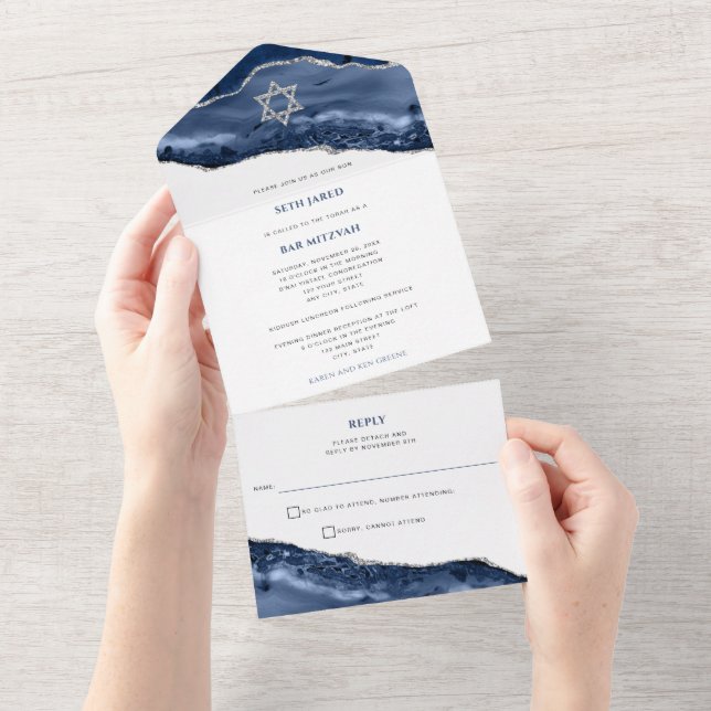 Invitation Tout En Un Rocher Geode Agate Bleu et Argent, Bar Mitzvah (Déchirure)