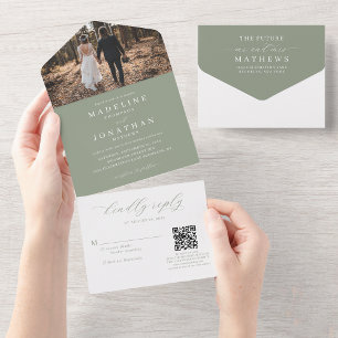 Invitation Tout En Un Romantic Elegant Sage Green Photo QR Code Mariage