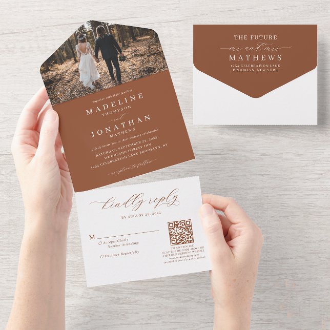 Invitation Tout En Un Romantic Elegant Terracotta Photo QR Code Mariage (Créateur téléchargé)