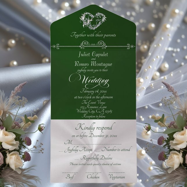 Invitation Tout En Un Romantic Heart & Calligraphy - Emerald/Silver (Créateur téléchargé)