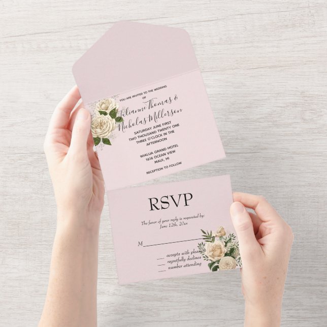 Invitation Tout En Un Romantique Blush rose ivoire Mariage floral (Déchirure)