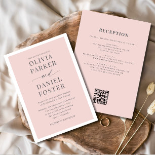 Invitation Tout en un romantique Blush rose QR Code Mariage