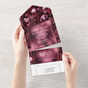Invitation Tout En Un Romantique Bourgogne Glitzy Hearts Mariage