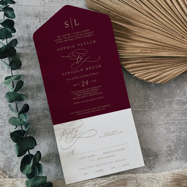 Invitation Tout En Un Romantique Bourgogne Monogramme traditionnel Maria (Créateur téléchargé)