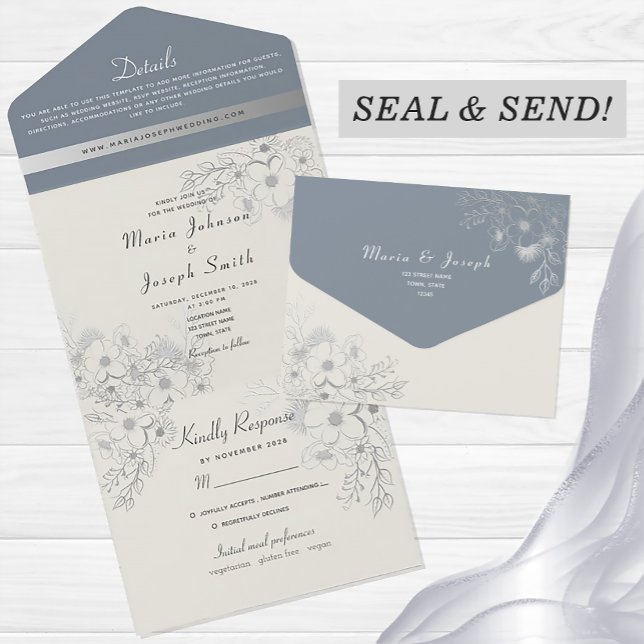 Invitation Tout En Un Romantique Dusty Blue Floral Mariage (Créateur téléchargé)