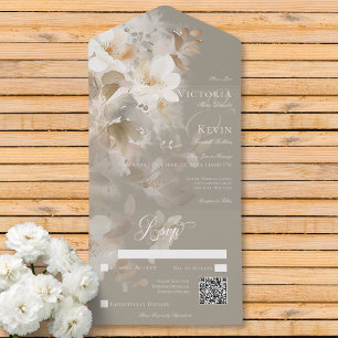 Invitation Tout En Un Romantique Ethéal Neutre Beige Floral Code QR