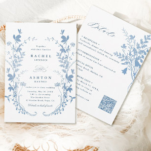 Invitation Tout en Un Romantique Mariage Botanique Bleu Franç