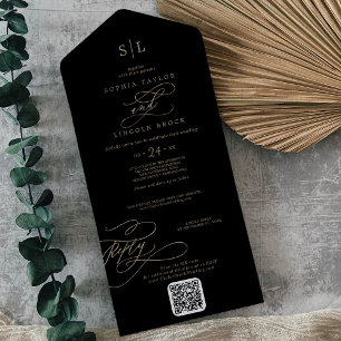 Invitation Tout En Un Romantique or et noir Monogramme QR Code Mariage