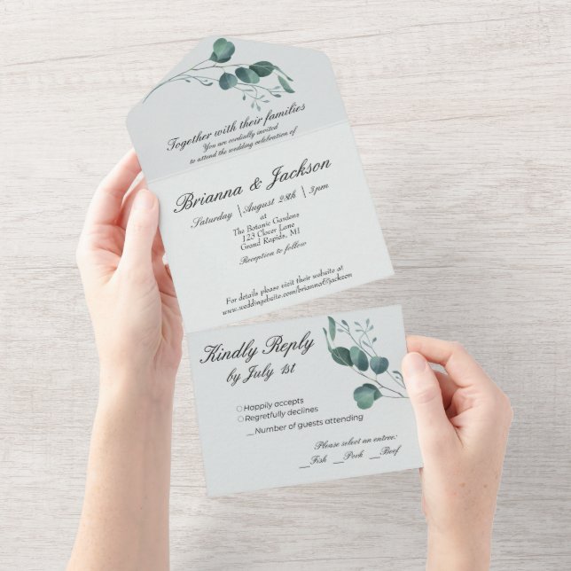 Invitation Tout En Un Romantique Pastel Green Eucalyptus (Déchirure)