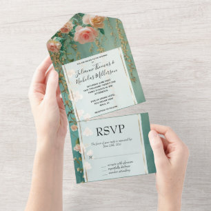 Invitation Tout En Un Romantique Turquoise Blush Peach Rose Floral Maria