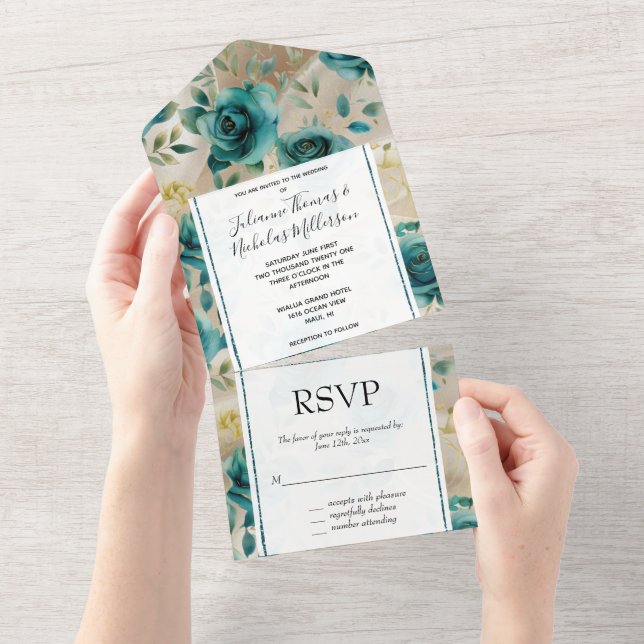 Invitation Tout En Un Romantique Turquoise Vert Champagne Rose Floral Ma (Déchirure)
