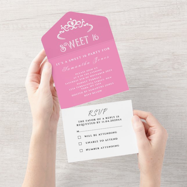 Invitation Tout En Un Rose Blanc Cute Sweet 16 Tiara Seteen Moderne (Déchirure)