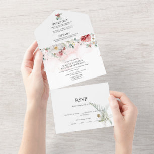 Invitation Tout En Un Rose Bourgogne Blanc Florales d'Hiver Tout En Un