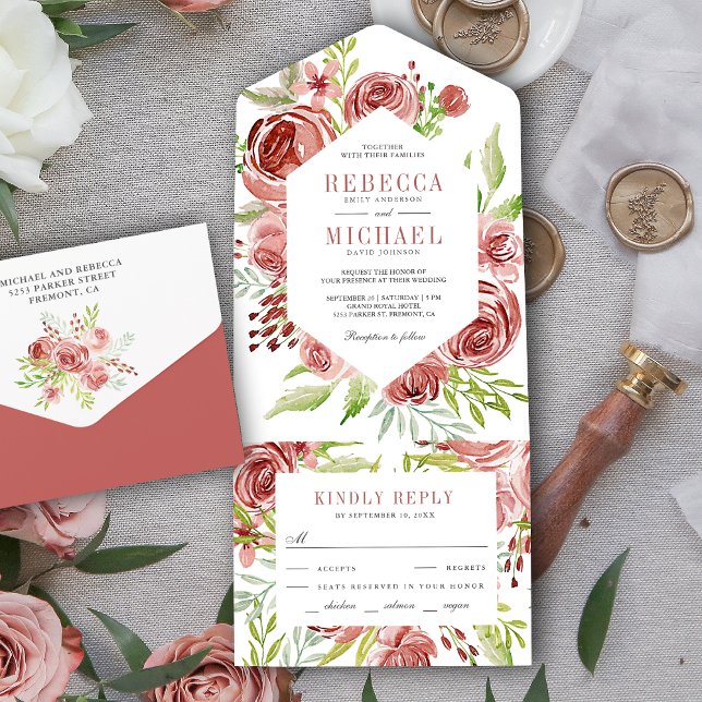 Invitation Tout En Un Rose de cannelle rustique Dusky Pink Floral Mariag (Créateur téléchargé)